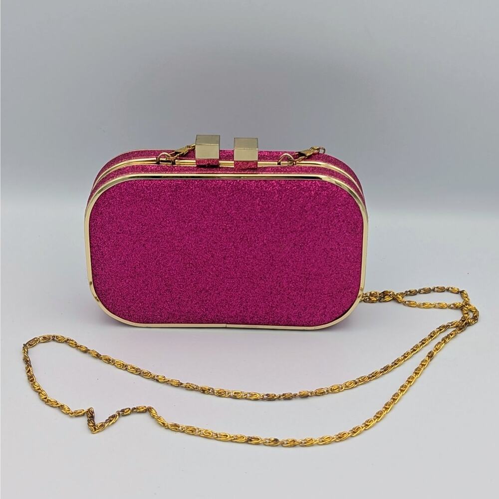Hot Pink Glitter Box Clutch Purse | Gold Chain Evening Bag | Barbiecore Handbag